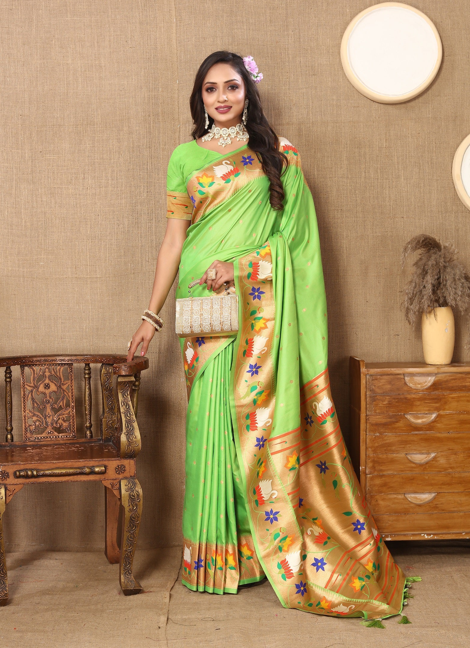 Vedant Vastram Parrot Color Paithani Silk Saree - Parrot - Distacart