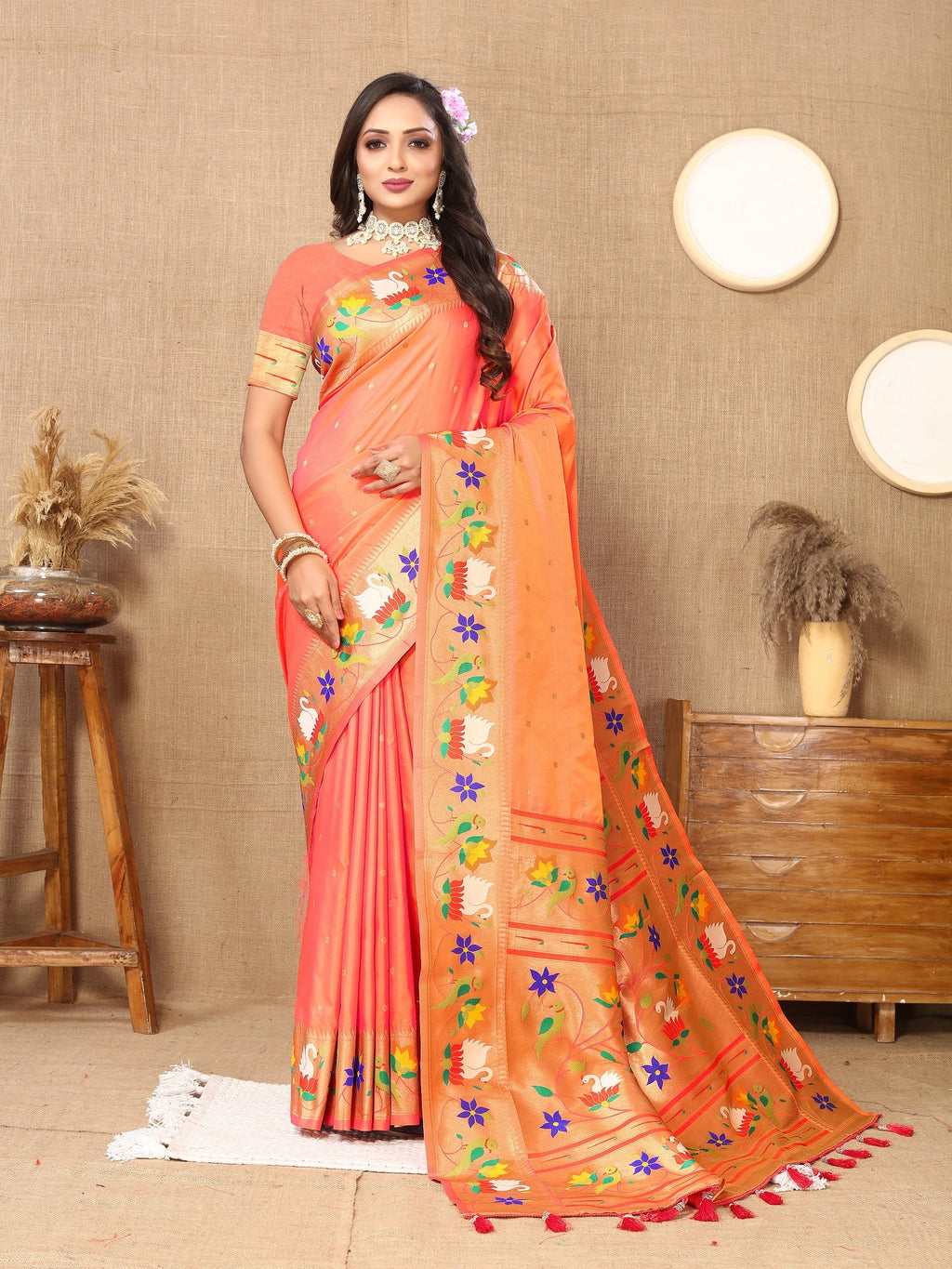 Vedant Vastram Peach Color Paithani Silk Saree - Peach - Distacart