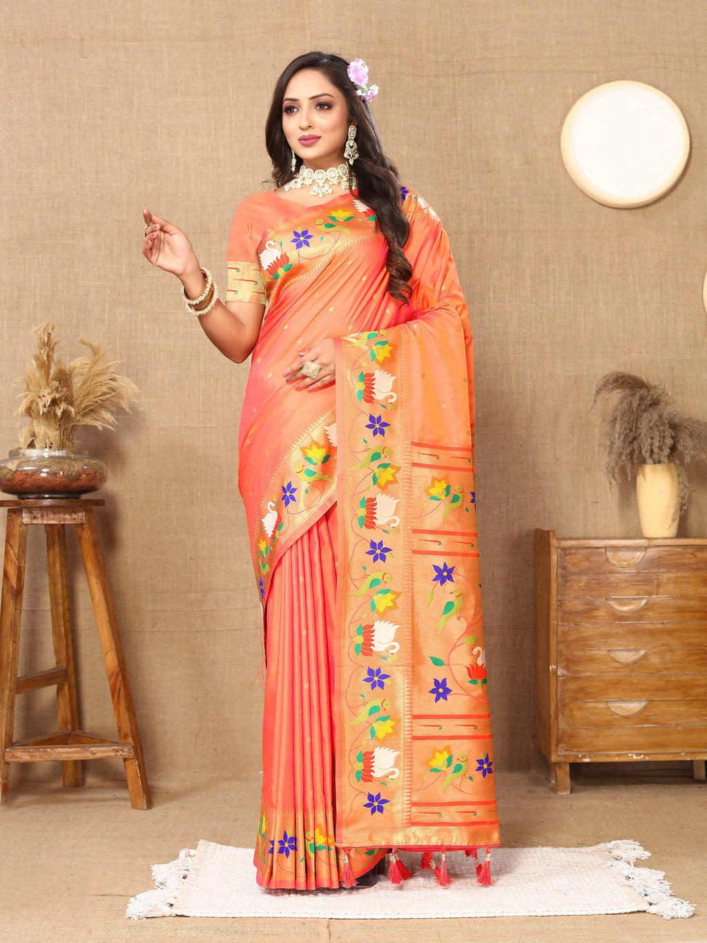 Vedant Vastram Peach Color Paithani Silk Saree - Peach - Distacart