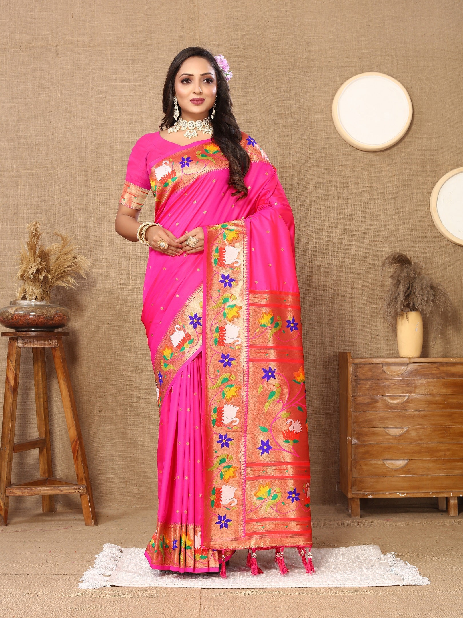 Vedant Vastram Pink Color Paithani Silk Saree - Pink - Distacart
