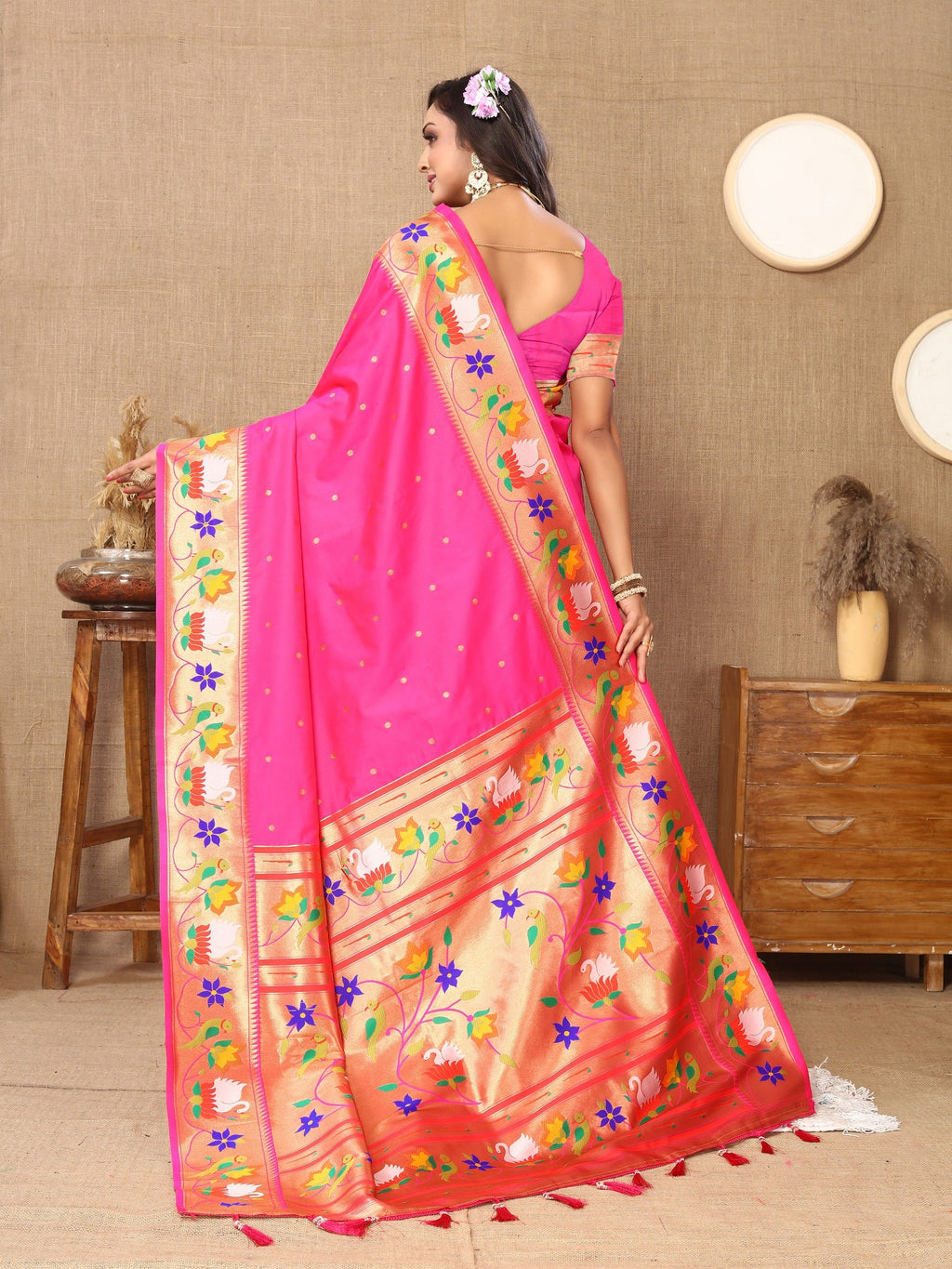 Vedant Vastram Pink Color Paithani Silk Saree - Pink - Distacart