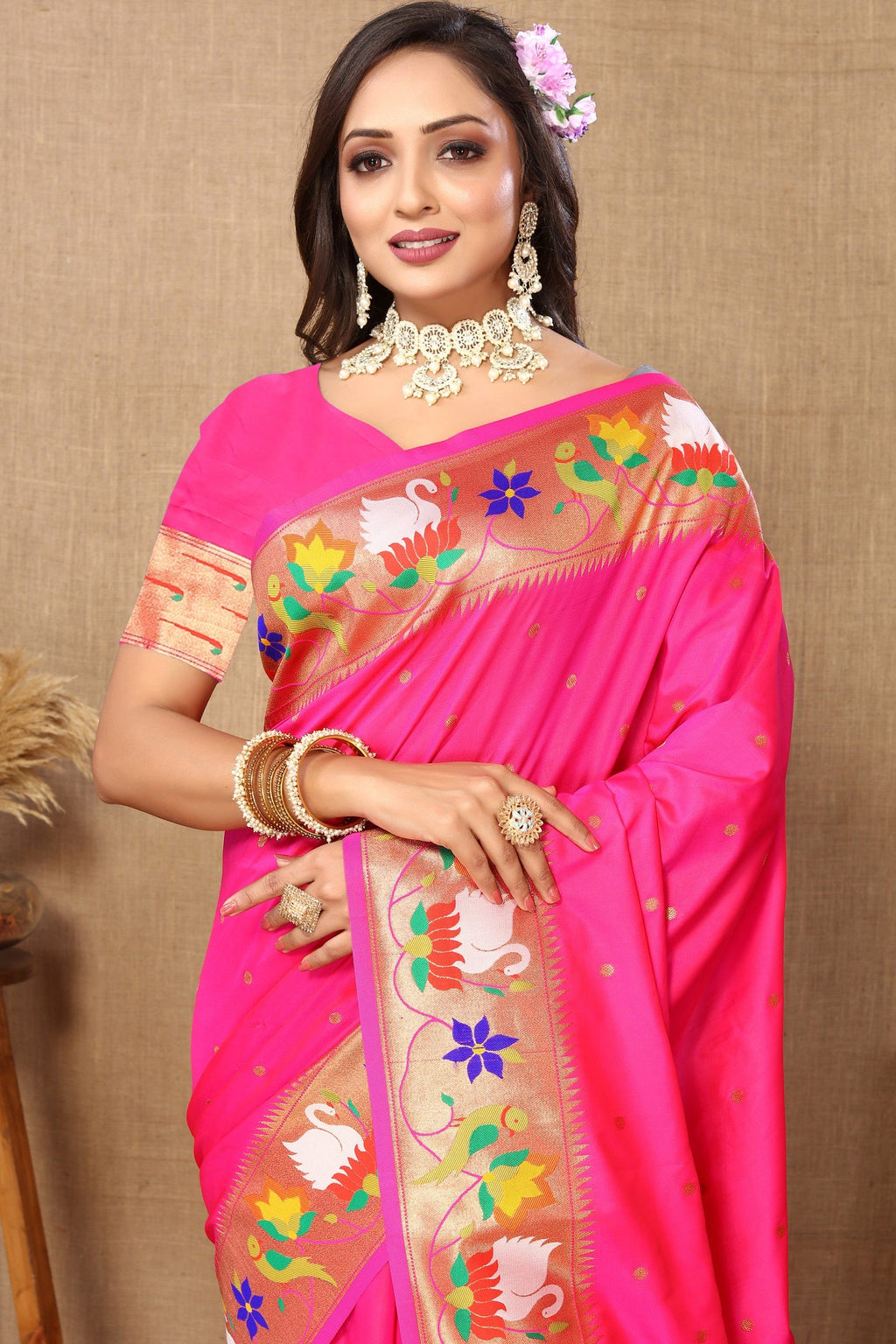 Vedant Vastram Pink Color Paithani Silk Saree - Pink - Distacart