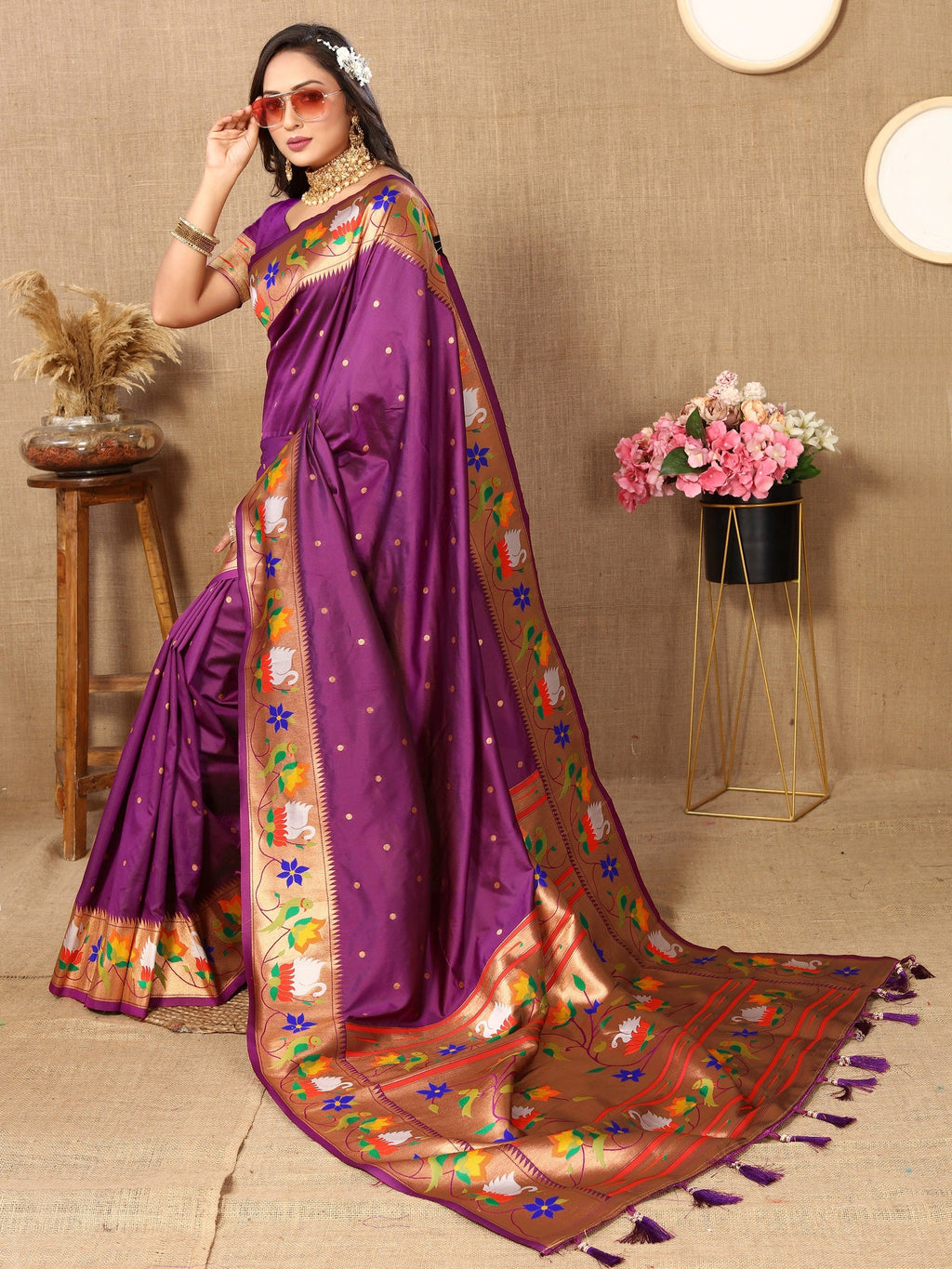Vedant Vastram Purple Color Paithani Silk Saree - Purple - Distacart