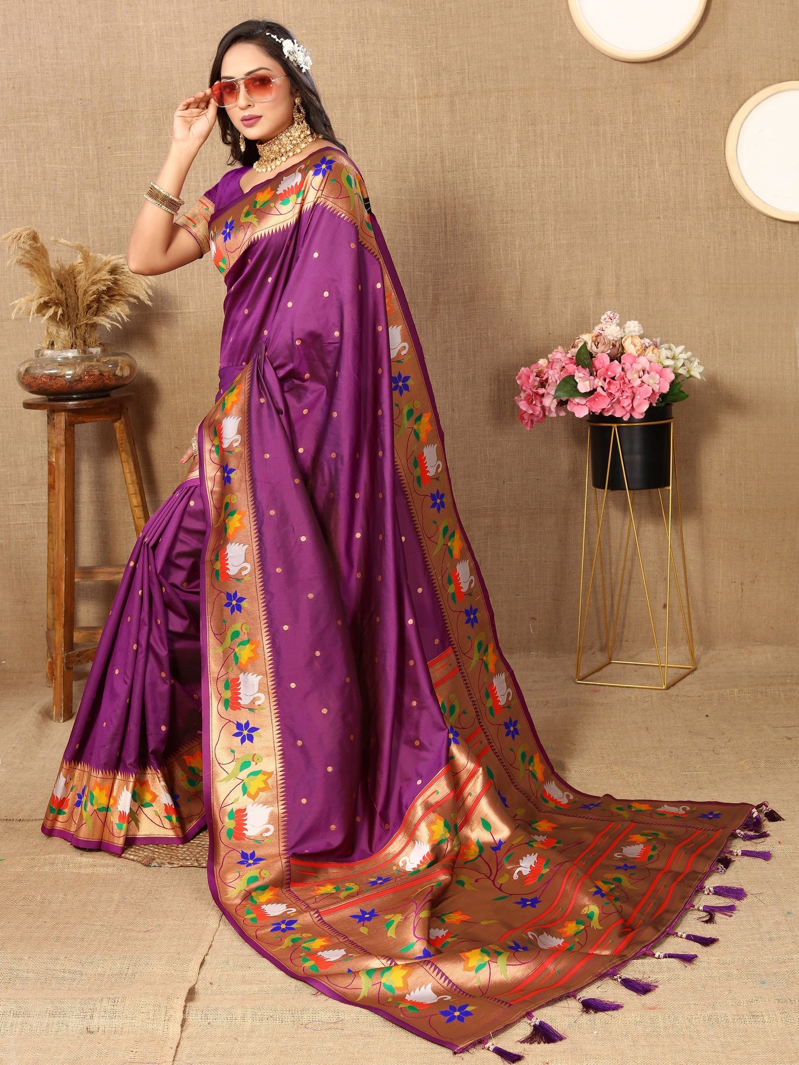 Vedant Vastram Purple Color Paithani Silk Saree - Purple - Distacart