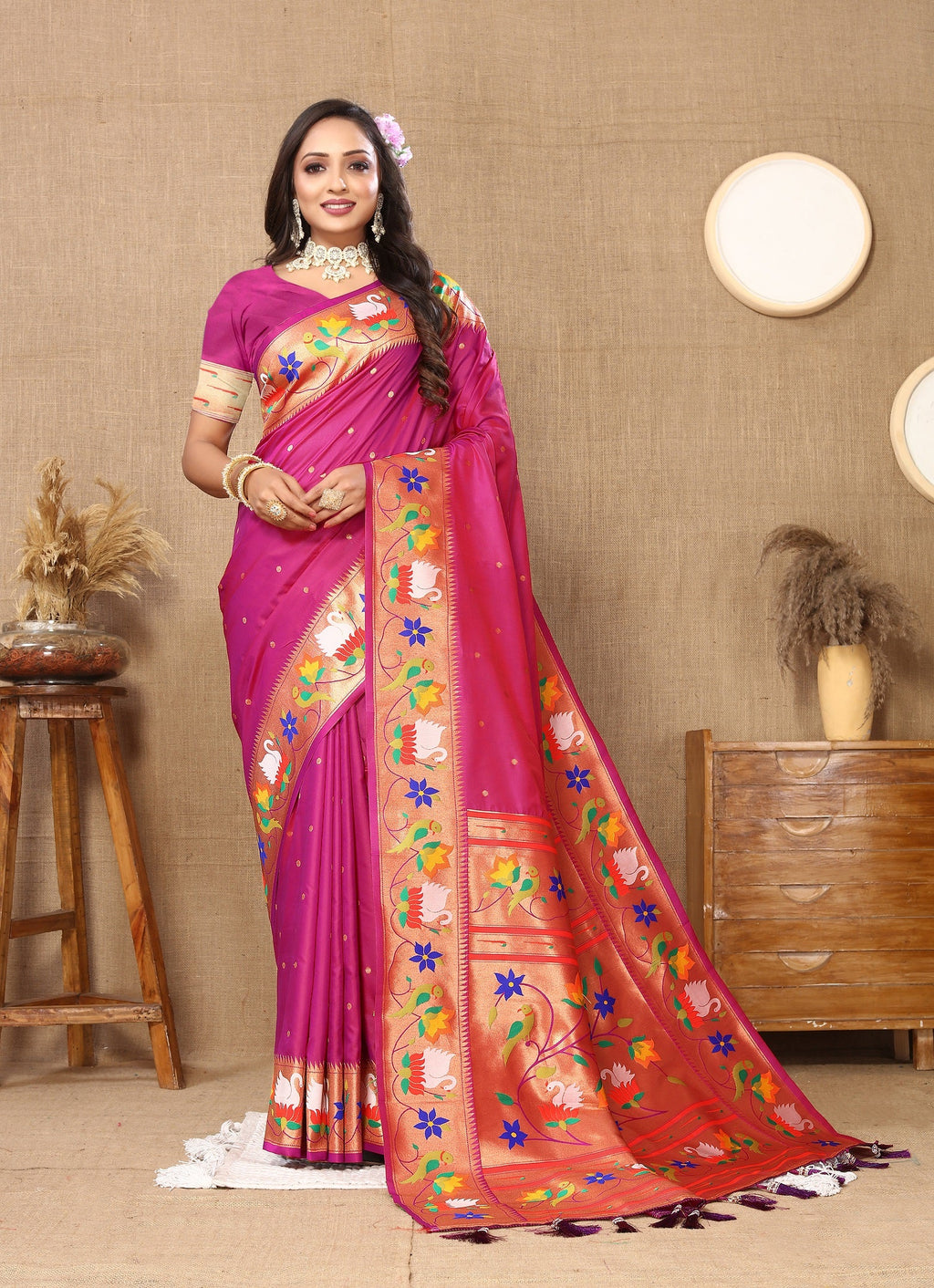 Vedant Vastram Rani Pink Color Paithani Silk Saree - Rani Pink - Distacart