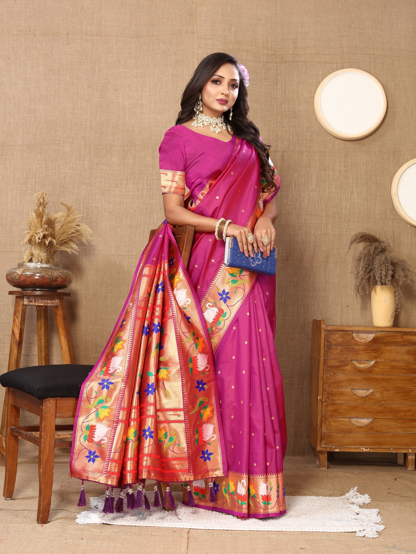 Vedant Vastram Rani Pink Color Paithani Silk Saree - Rani Pink - Distacart