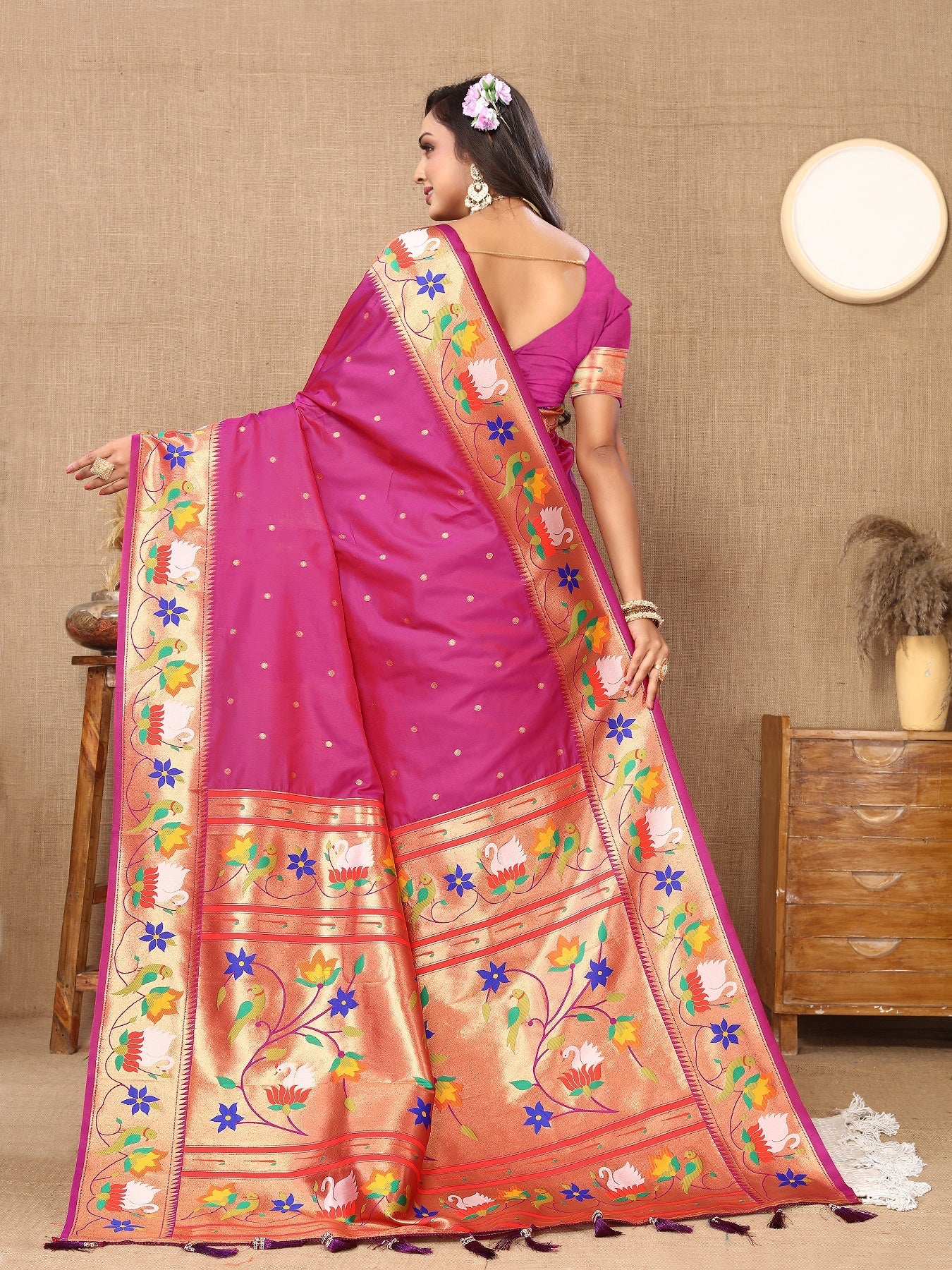 Vedant Vastram Rani Pink Color Paithani Silk Saree - Rani Pink - Distacart
