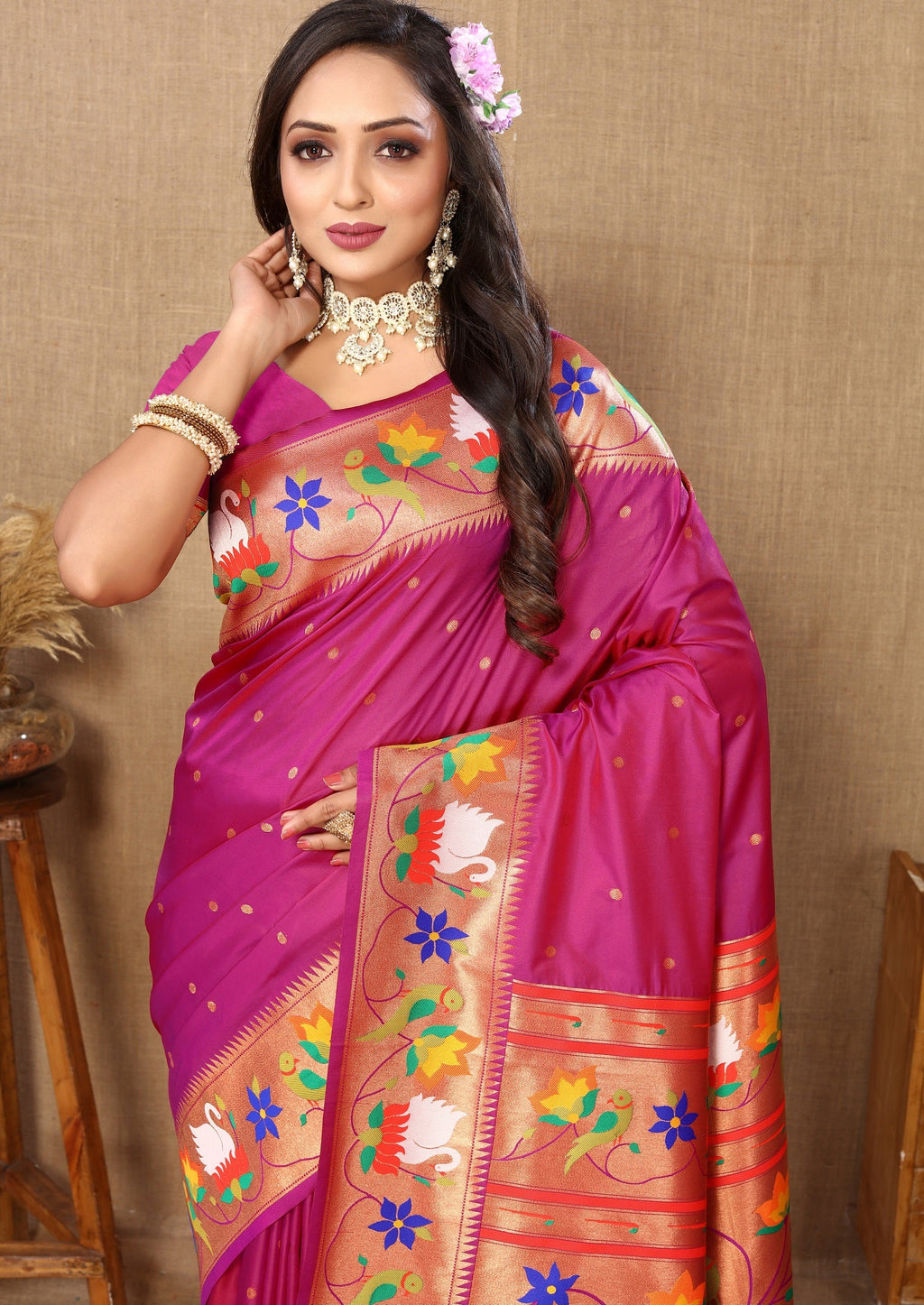 Vedant Vastram Rani Pink Color Paithani Silk Saree - Rani Pink - Distacart