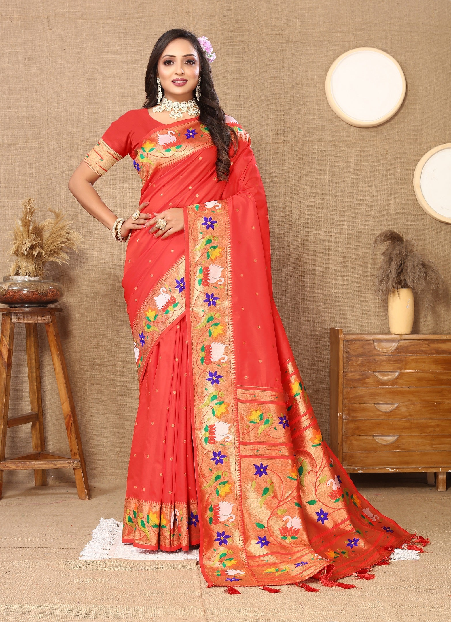 Vedant Vastram Red Color Paithani Silk Saree - Red - Distacart