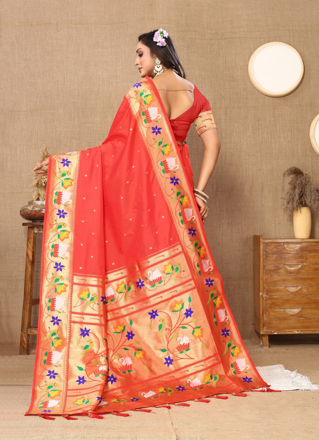 Vedant Vastram Red Color Paithani Silk Saree - Red - Distacart