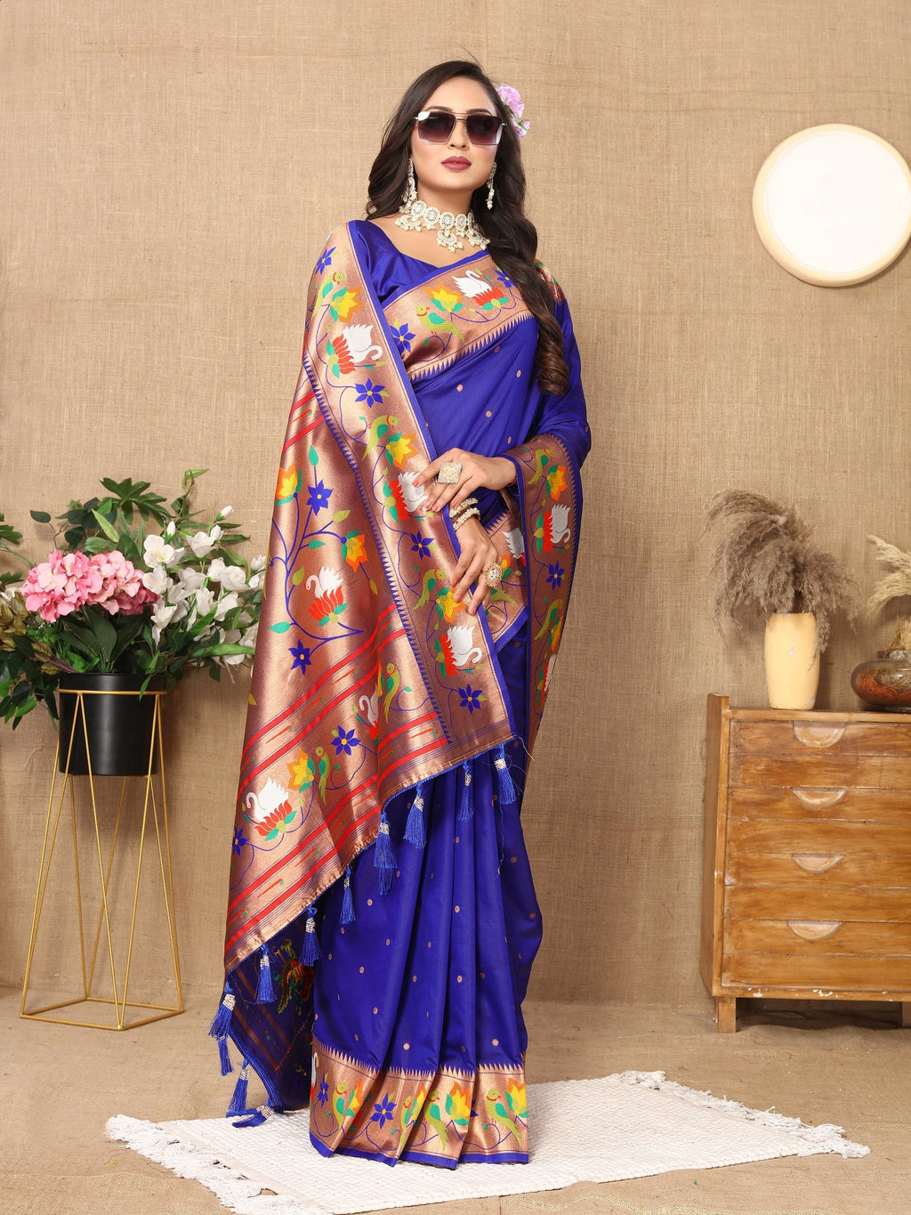 Vedant Vastram Royal Blue Color Paithani Silk Saree - Royal Blue - Distacart