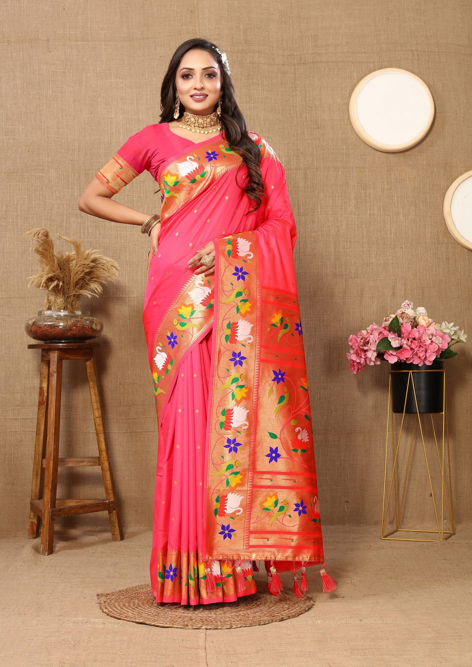 Vedant Vastram Tomato Color Paithani Silk Saree - Tomato - Distacart