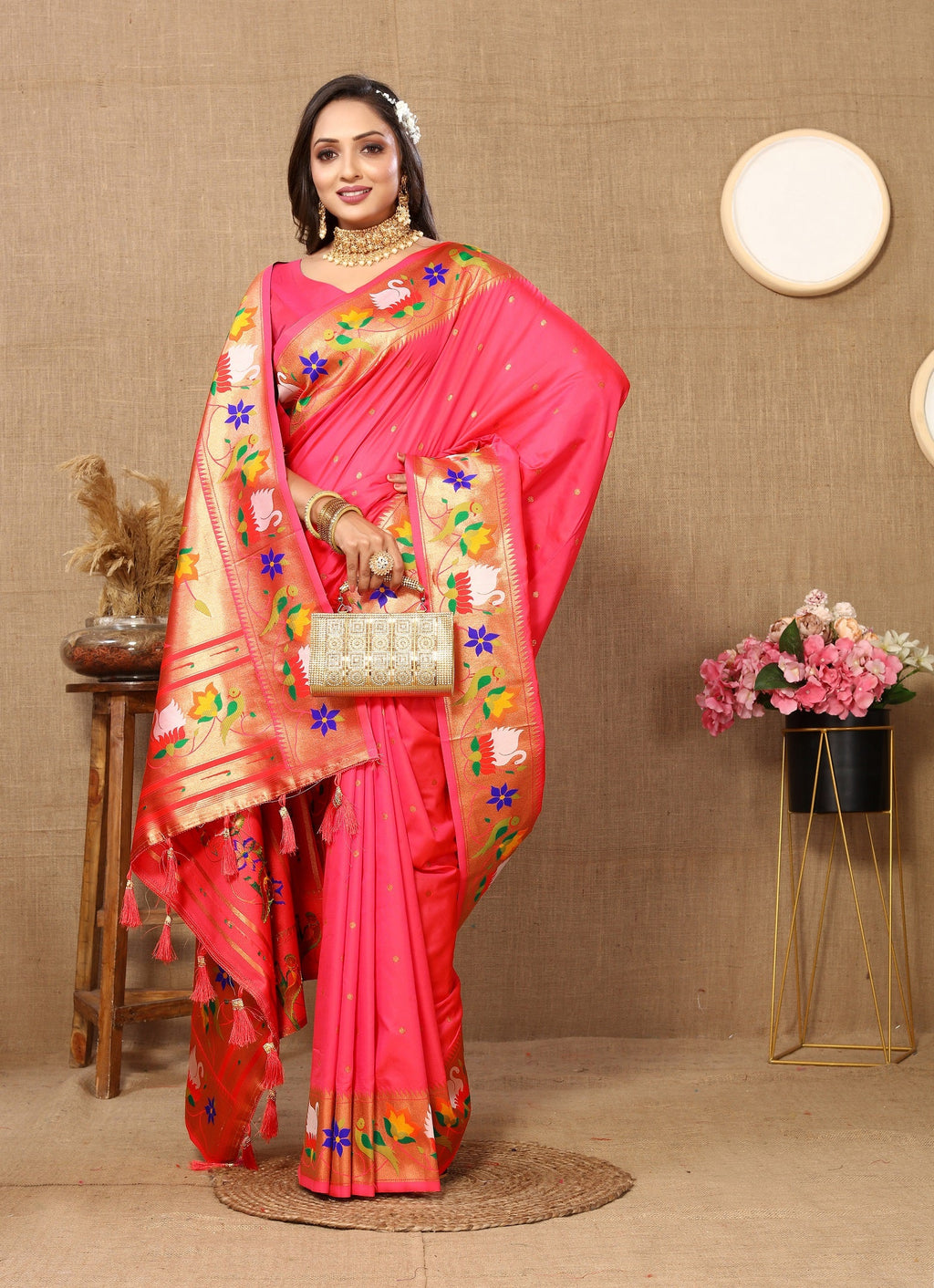 Vedant Vastram Tomato Color Paithani Silk Saree - Tomato - Distacart