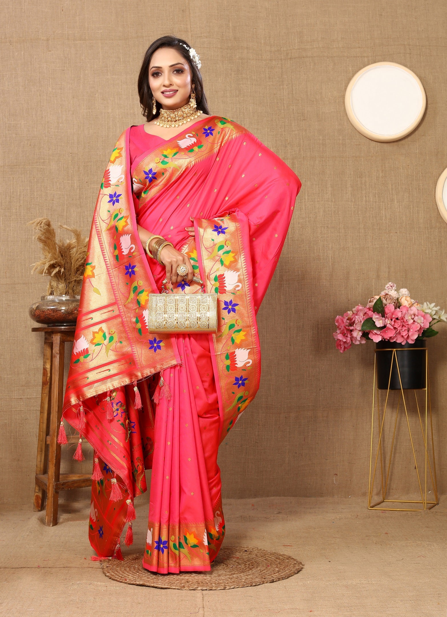 Vedant Vastram Tomato Color Paithani Silk Saree - Tomato - Distacart