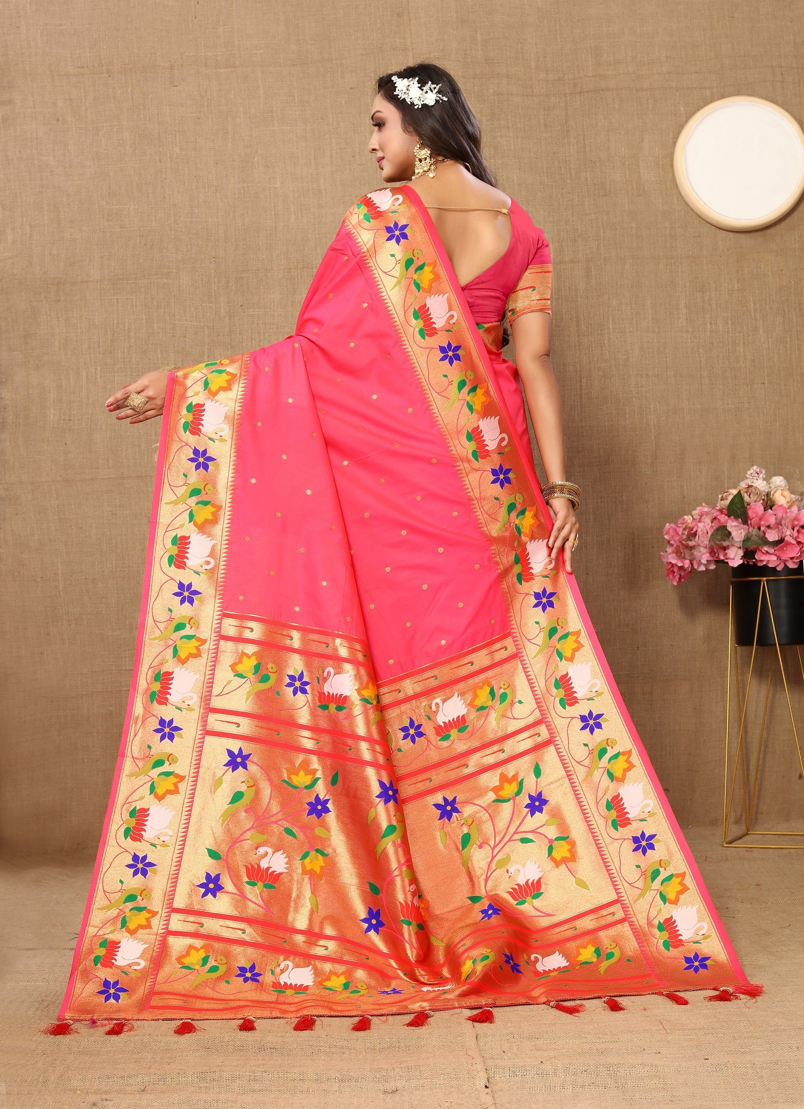 Vedant Vastram Tomato Color Paithani Silk Saree - Tomato - Distacart