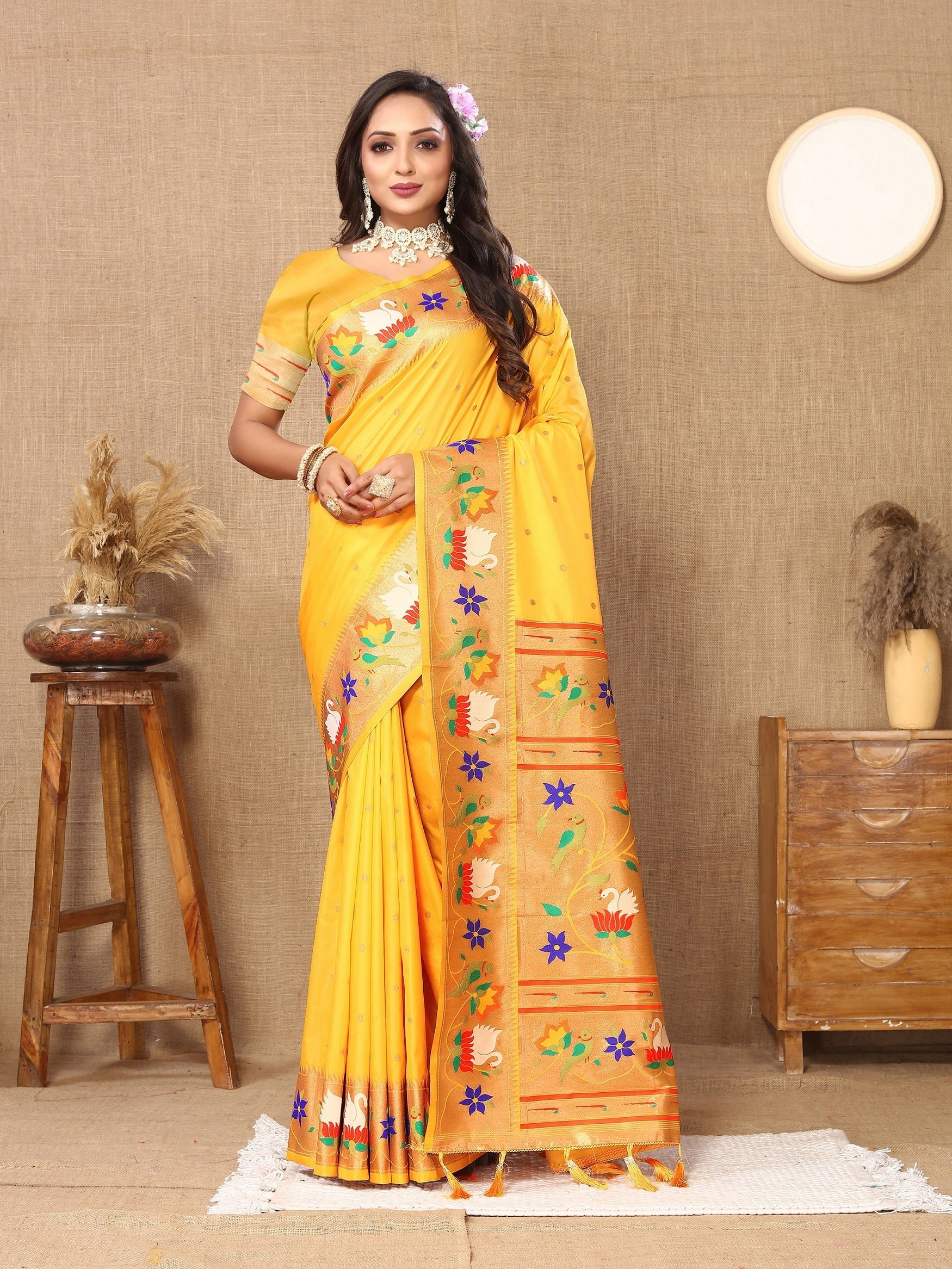 Vedant Vastram Yellow Color Paithani Silk Saree - Yellow - Distacart