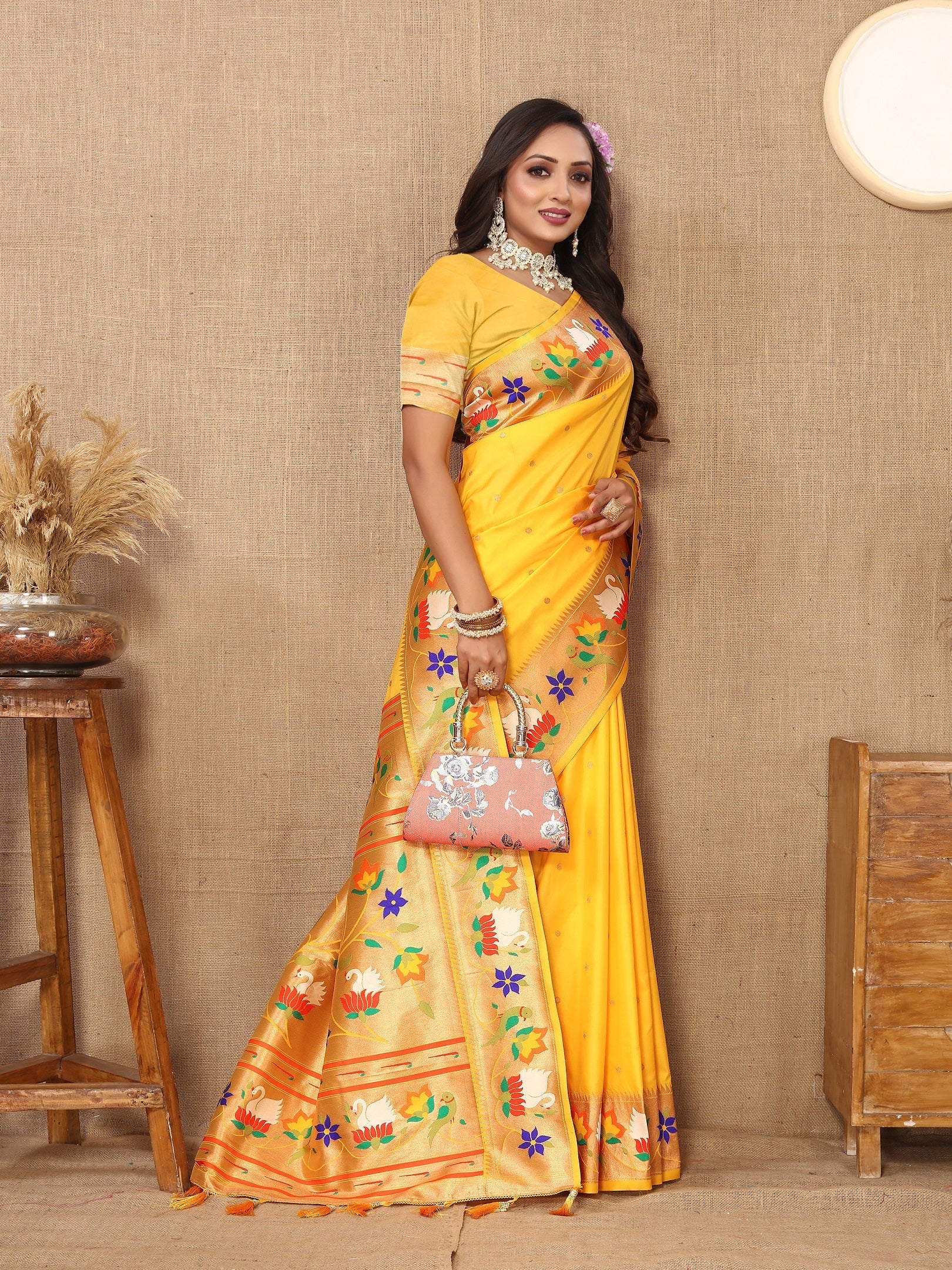 Vedant Vastram Yellow Color Paithani Silk Saree - Yellow - Distacart