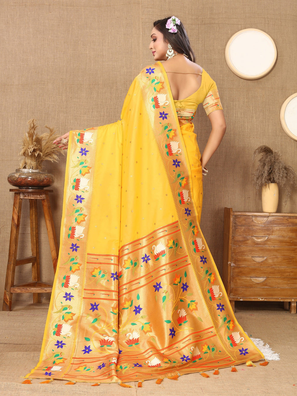 Vedant Vastram Yellow Color Paithani Silk Saree - Yellow - Distacart