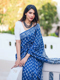Zibaa Hand-Blocked Pure Mul Cotton Indigo Saree - Distacart