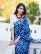 Zibaa Hand-Blocked Pure Mul Cotton Indigo Saree - Distacart