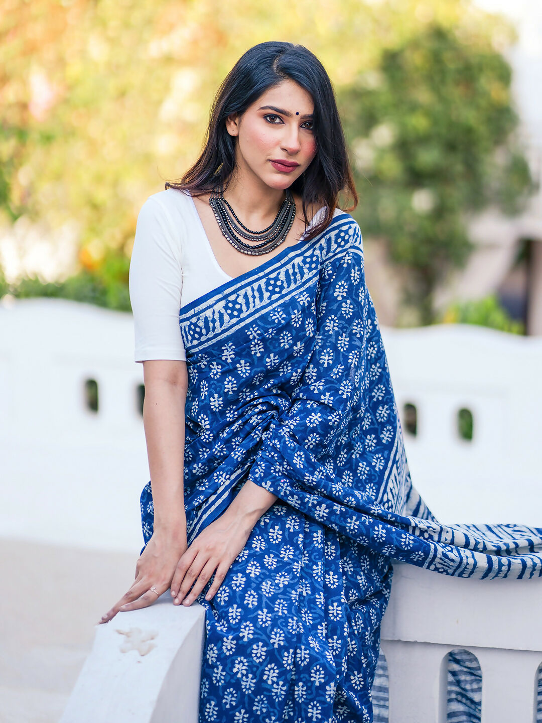 Zibaa Hand-Blocked Pure Mul Cotton Indigo Saree - Distacart