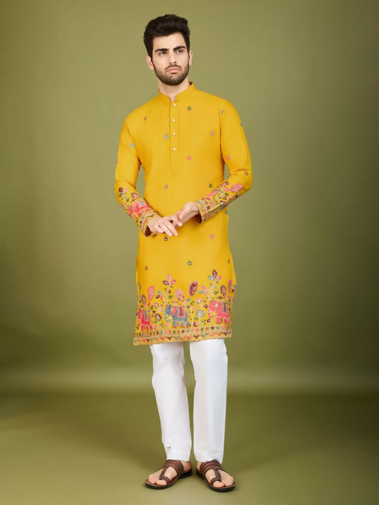 Vastranavya Yellow Exclusive Festival Wear Cotton Sequence Embroidered & Thread Work Kurta