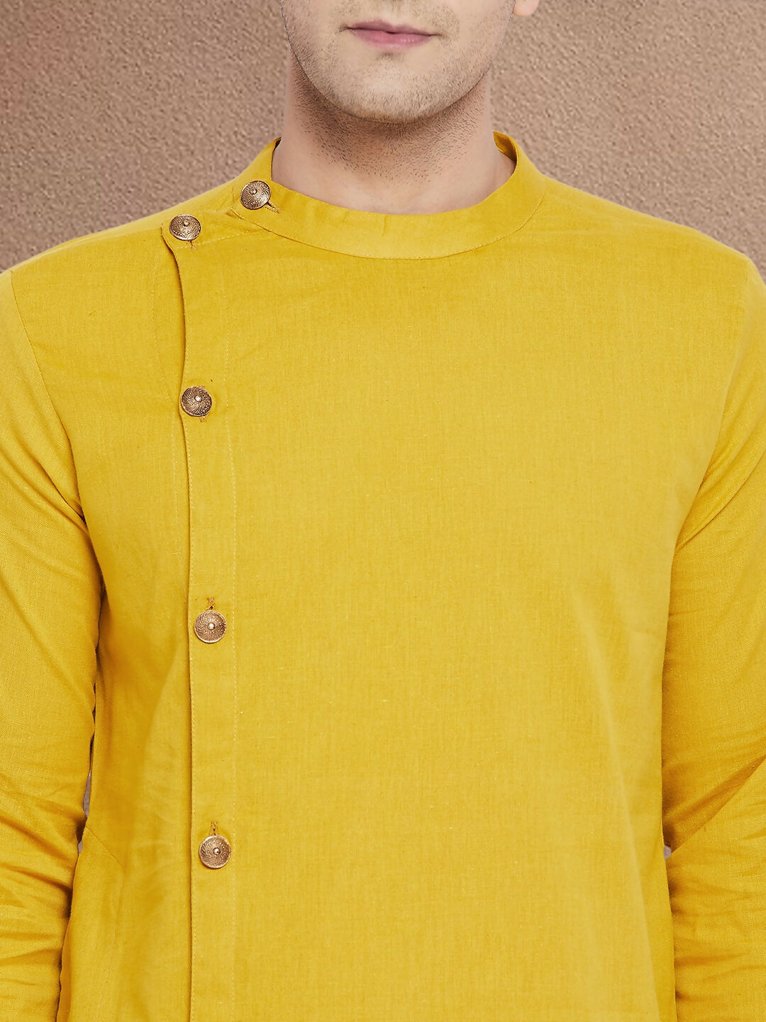 Even Apparels Men's Asymetrical Yellow Sherwani Kurta