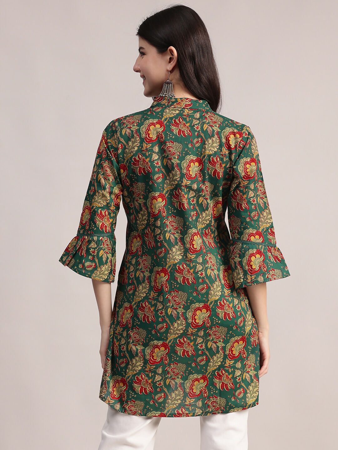 Aavyora Women's Ethnic Floral Printed Tunic - Green with Red & Gold Accents, Pin-Tucked Front, and Flared Hem