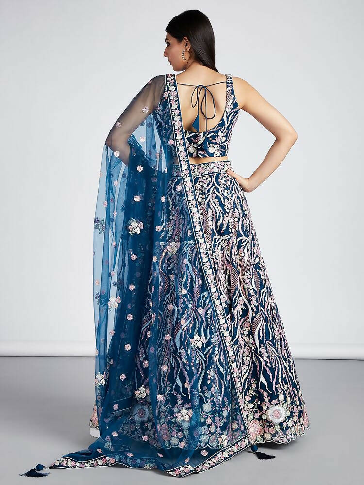 House of Panchhi Navy Blue Net Sequins And Thread Embroidery Lehenga Choli & Dupatta
