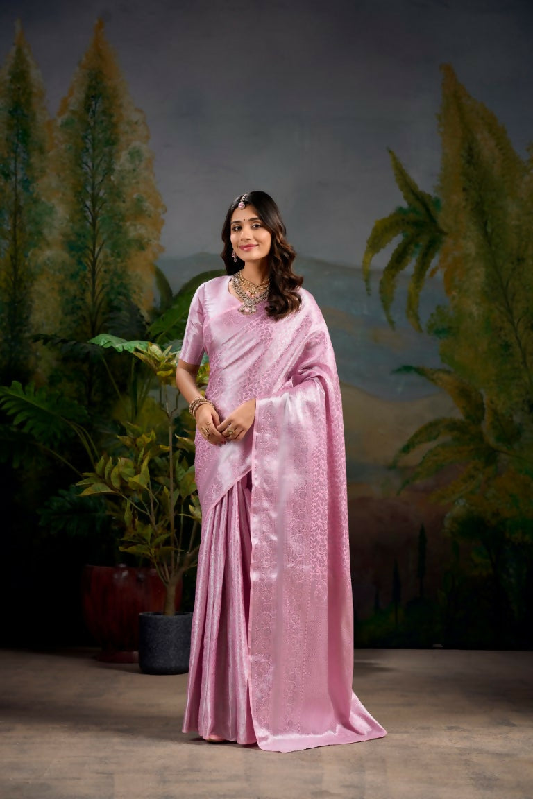 Vastranavya Baby Pink Kanjivaram Zari Weaving Work Saree with Unstitched Blouse