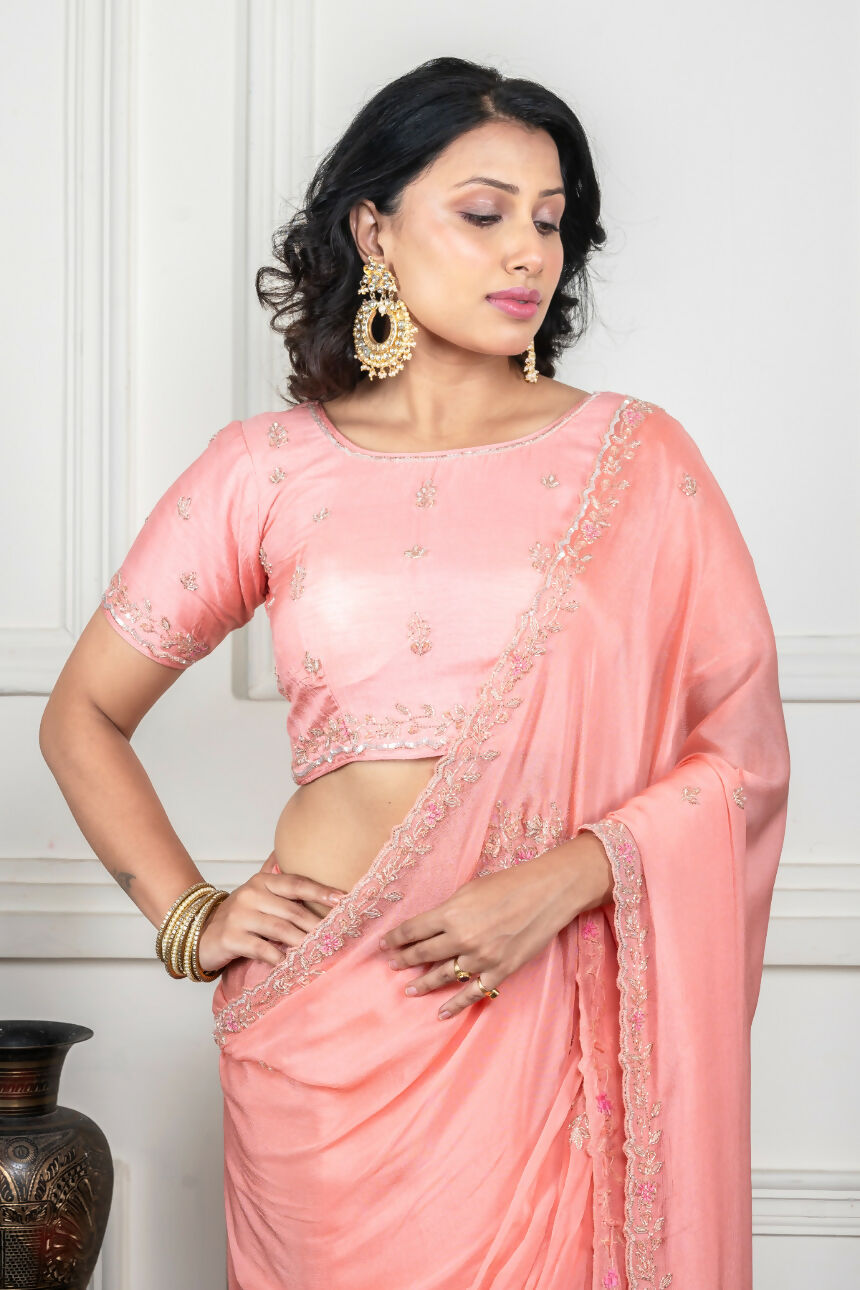 Morchari Peach Chiffon Hand Embroidery Saree And Stitched Blouse - Distacart