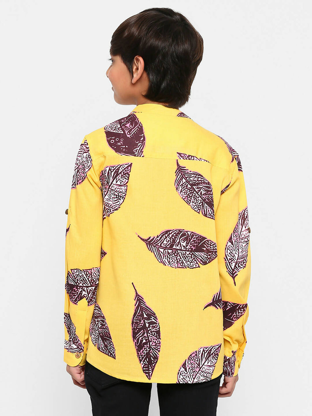 Manet Ethnic Full Sleeves Big Leaf Printed Shirt - Yellow