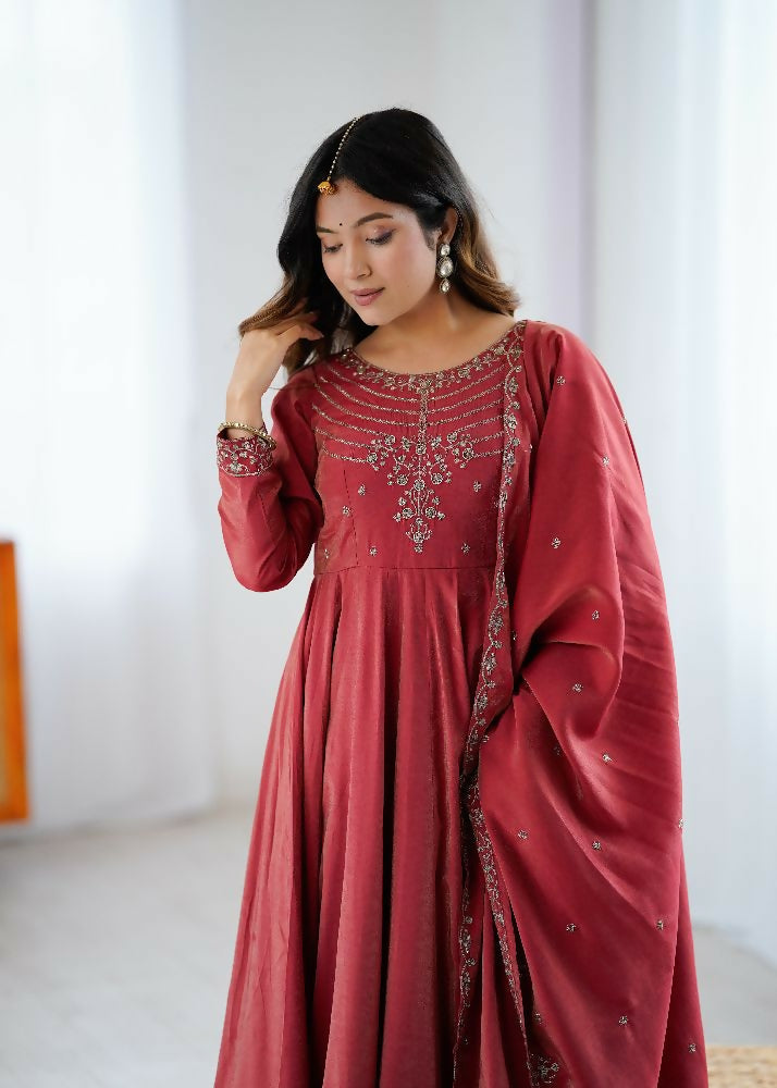 Joban Fashion Maroon Kurta Set Chanderi Sequence Embroidery Work - Distacart