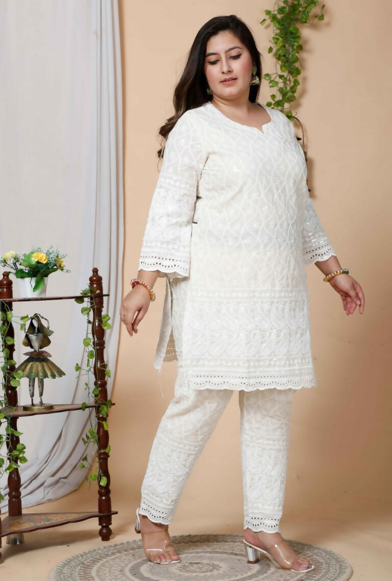 Miravan Women's Plus Size Beige Chikankari Thread Work Kurti With Palazzo