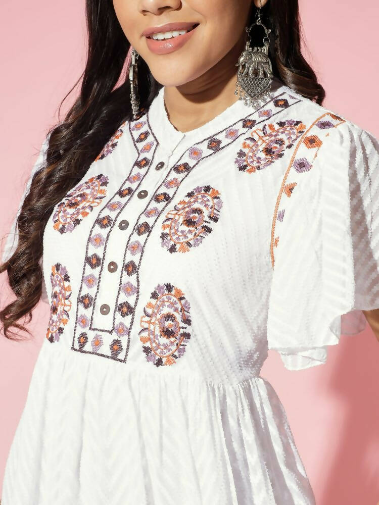 Myshka Women White Solid V-Neck Flared Sleeves Synthetic Georgette Top - Distacart