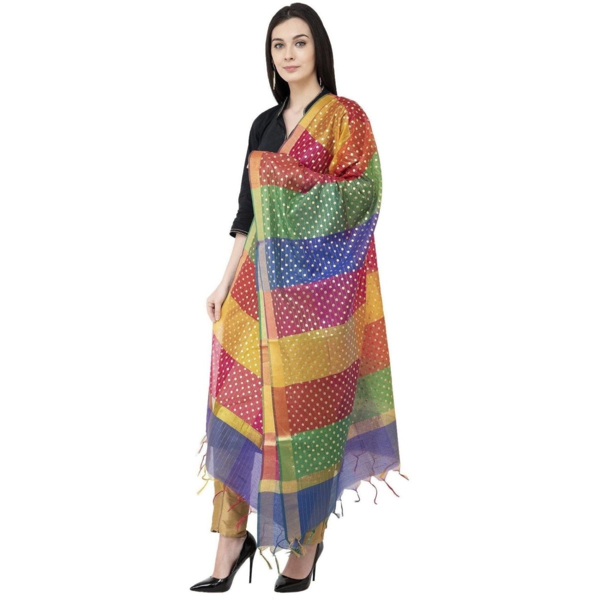 A R SILK Multi Box Gold print Fancy Dupatta Multi Color Color Dupatta or Chunni