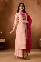 Lehenga Mart Designer Front-Slit Kurta, Paired With Wide-Leg Palazzo Pants And A Dupatta.-Peach - Distacart