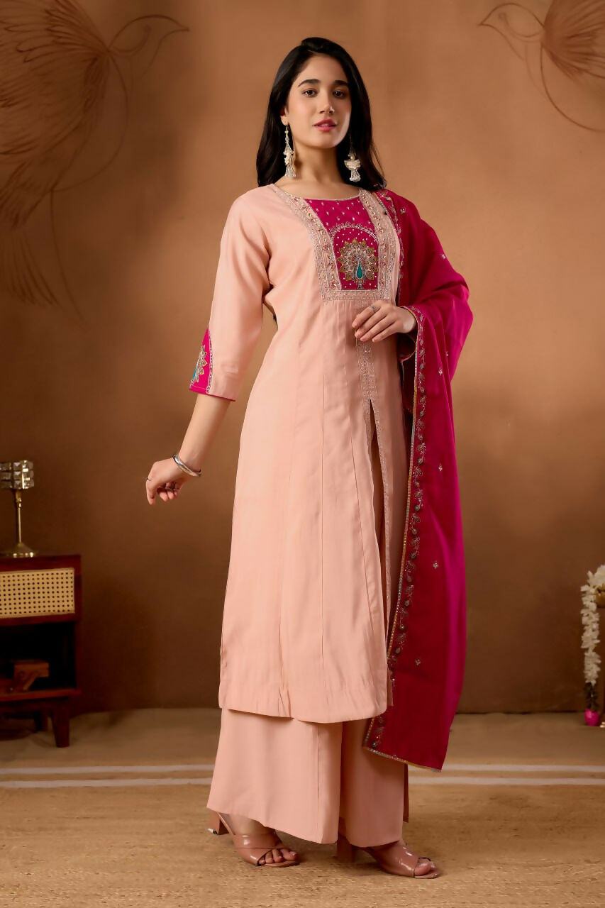 Lehenga Mart Designer Front-Slit Kurta, Paired With Wide-Leg Palazzo Pants And A Dupatta.-Peach - Distacart