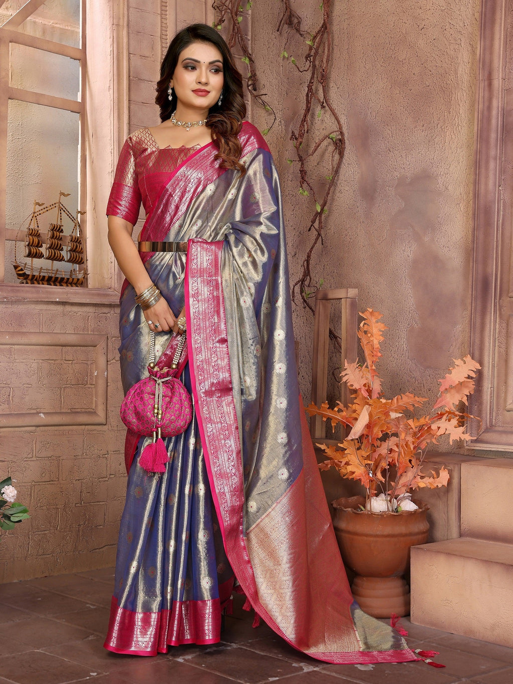 Vedant Vastram Tissue Silk Kanjeevaram Silk Saree - Blue