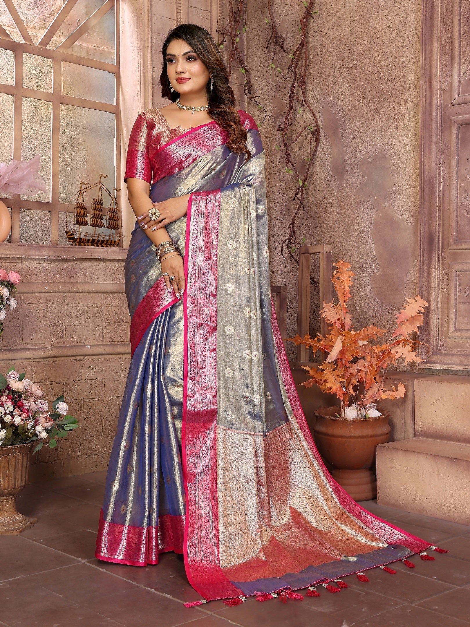 Vedant Vastram Tissue Silk Kanjeevaram Silk Saree - Blue