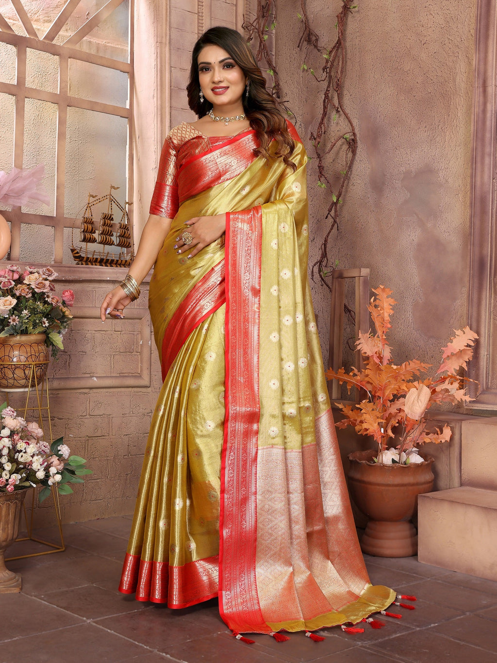 Vedant Vastram Tissue Silk Kanjeevaram Silk Saree - Olive