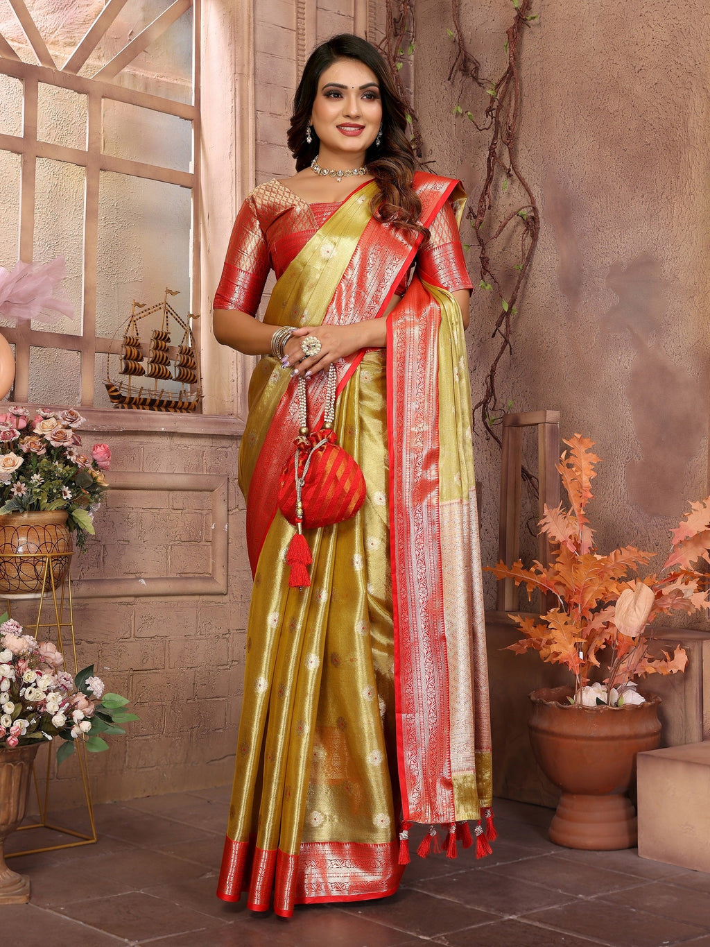 Vedant Vastram Tissue Silk Kanjeevaram Silk Saree - Olive