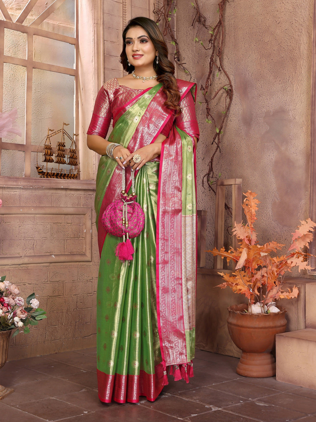 Vedant Vastram Tissue Silk Kanjeevaram Silk Saree - Parrot