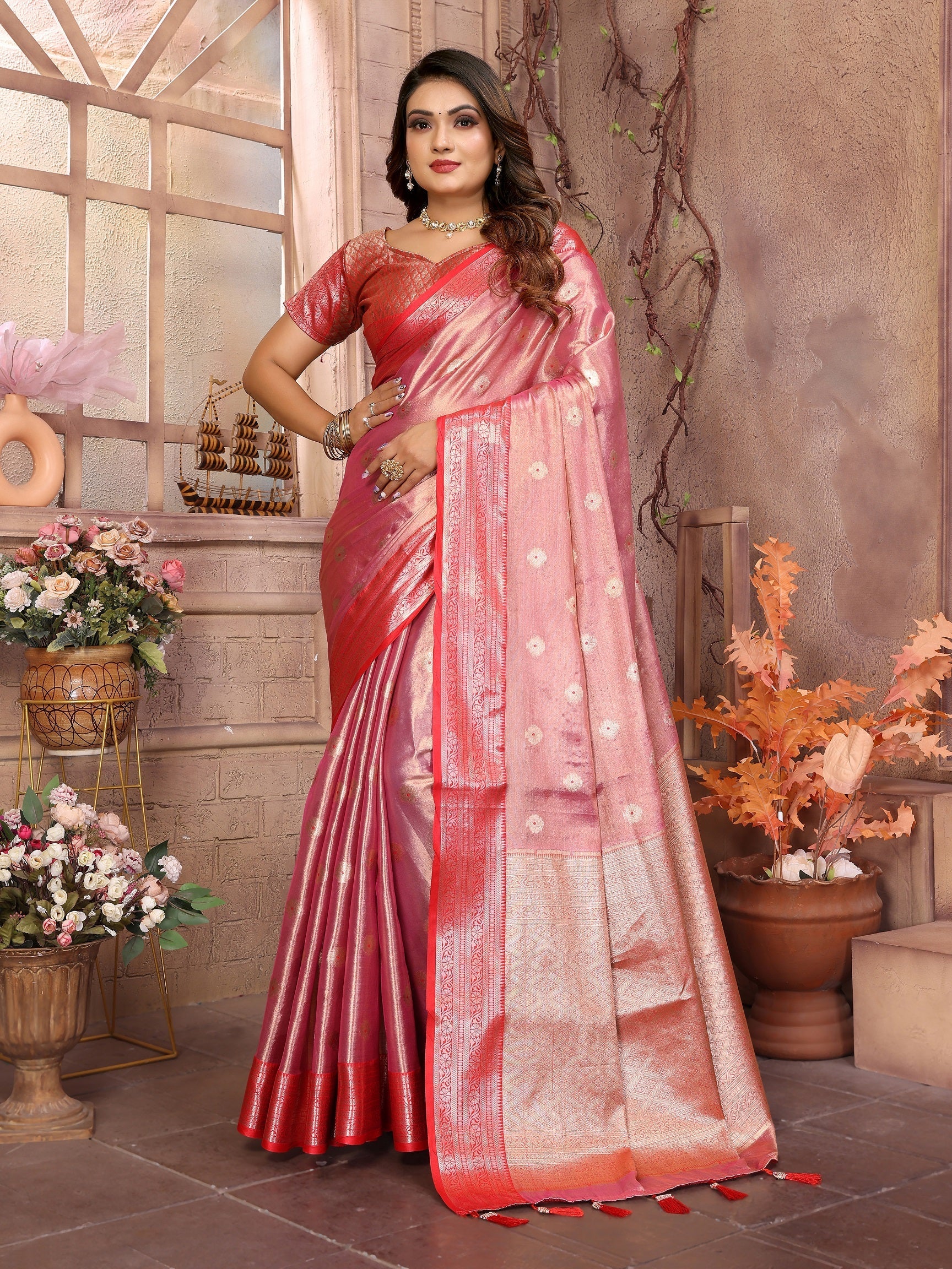 Vedant Vastram Tissue Silk Kanjeevaram Silk Saree - Pink