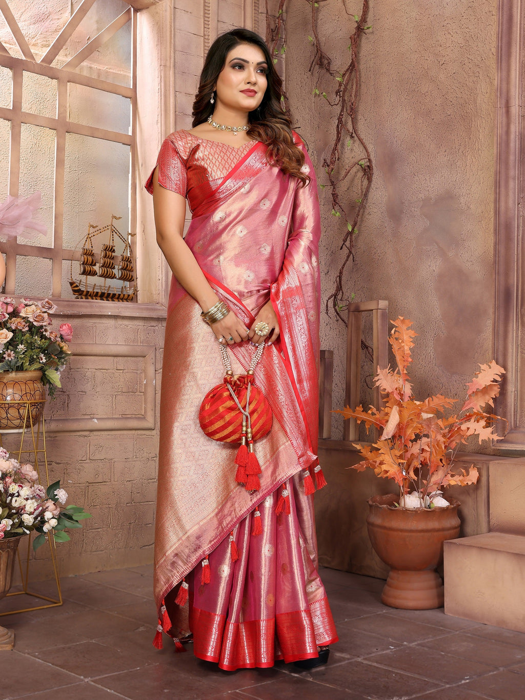 Vedant Vastram Tissue Silk Kanjeevaram Silk Saree - Pink
