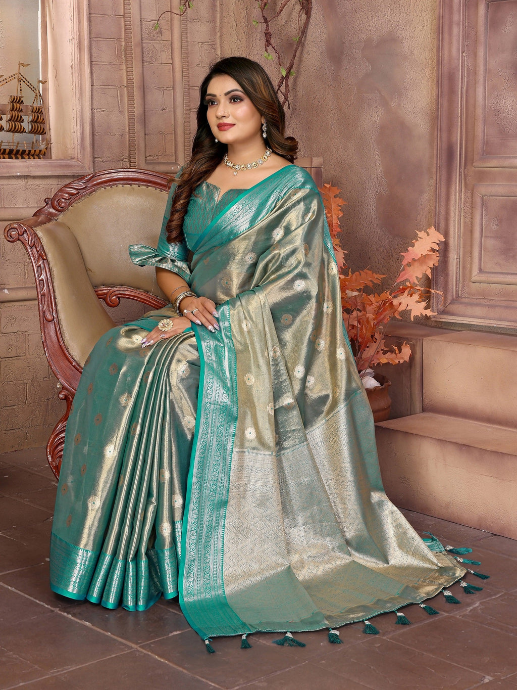 Vedant Vastram Tissue Silk Kanjeevaram Silk Saree - Rama