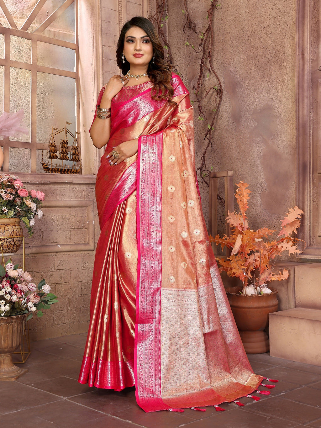 Vedant Vastram Tissue Silk Kanjeevaram Silk Saree - Rani