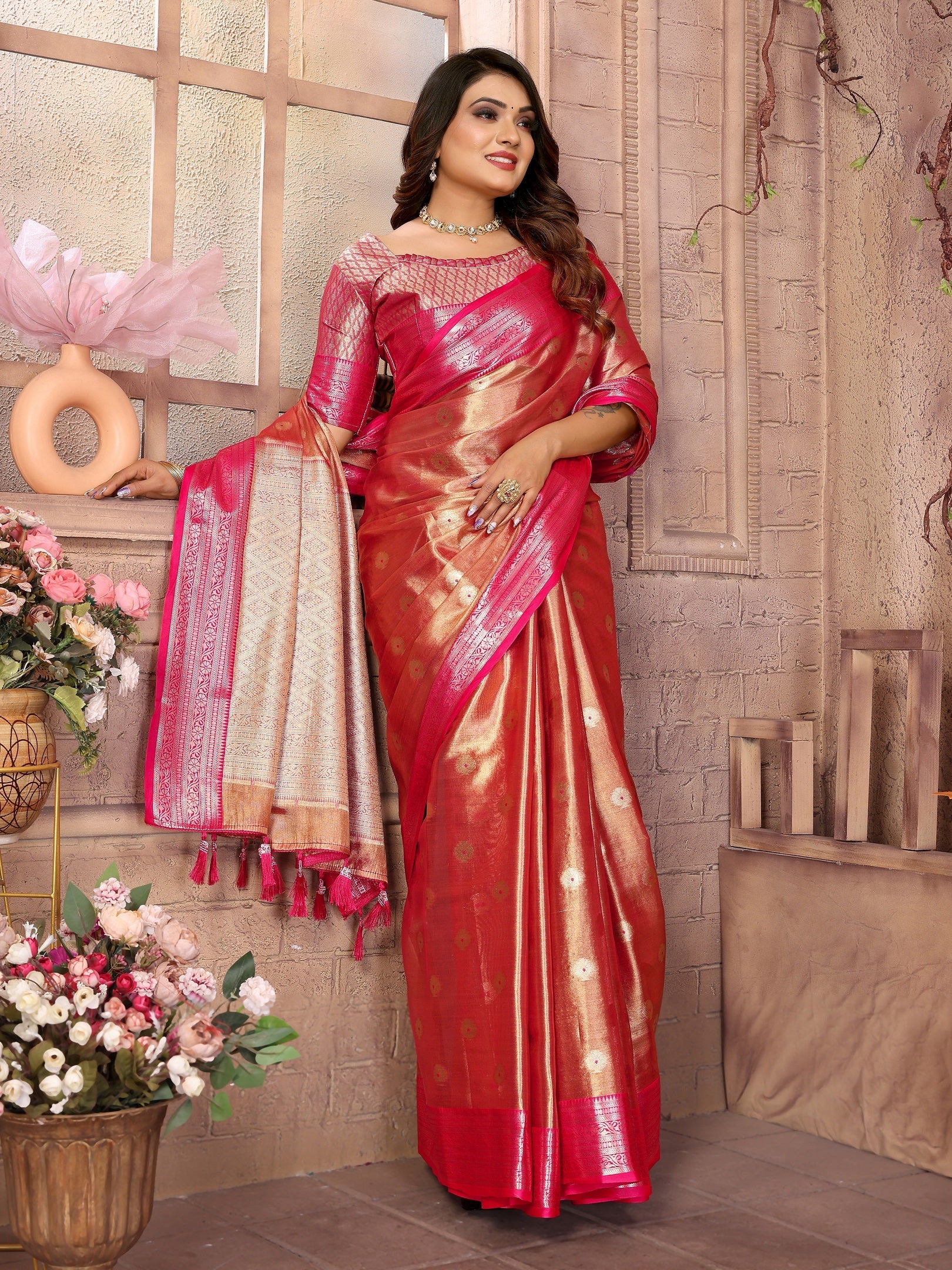 Vedant Vastram Tissue Silk Kanjeevaram Silk Saree - Rani
