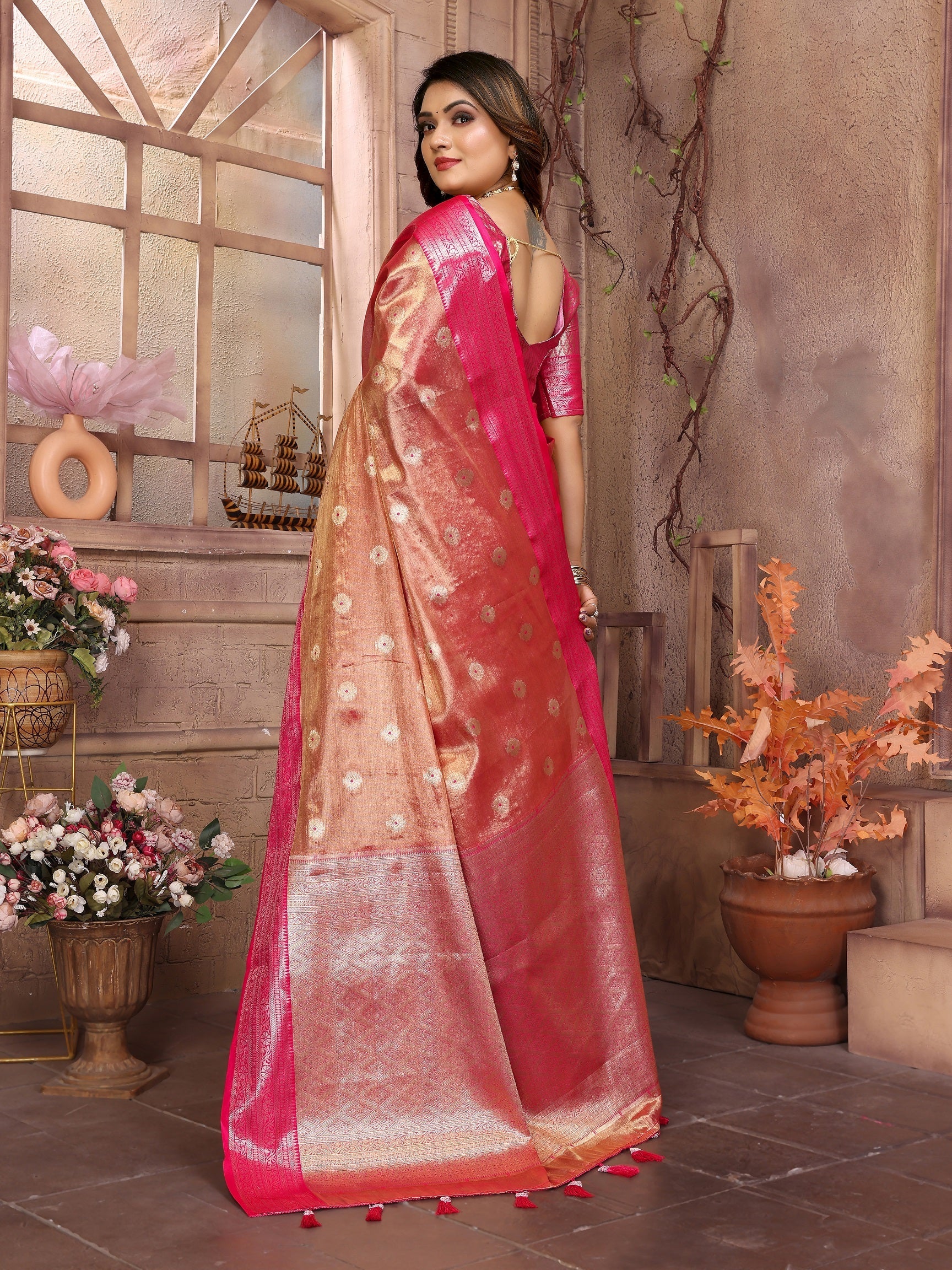 Vedant Vastram Tissue Silk Kanjeevaram Silk Saree - Rani