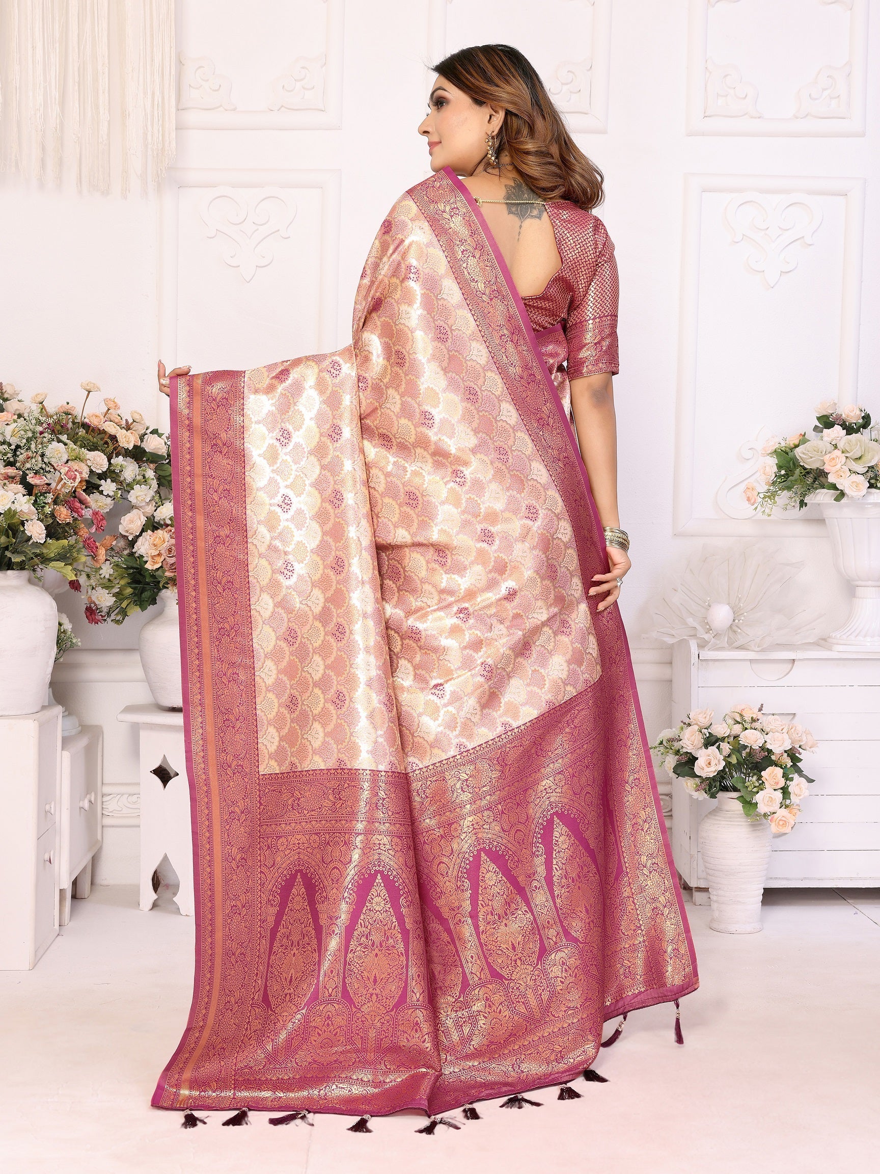 Vedant Vastram Soft Litchi Silk Kanjeevaram Silk Saree - Beige - Distacart
